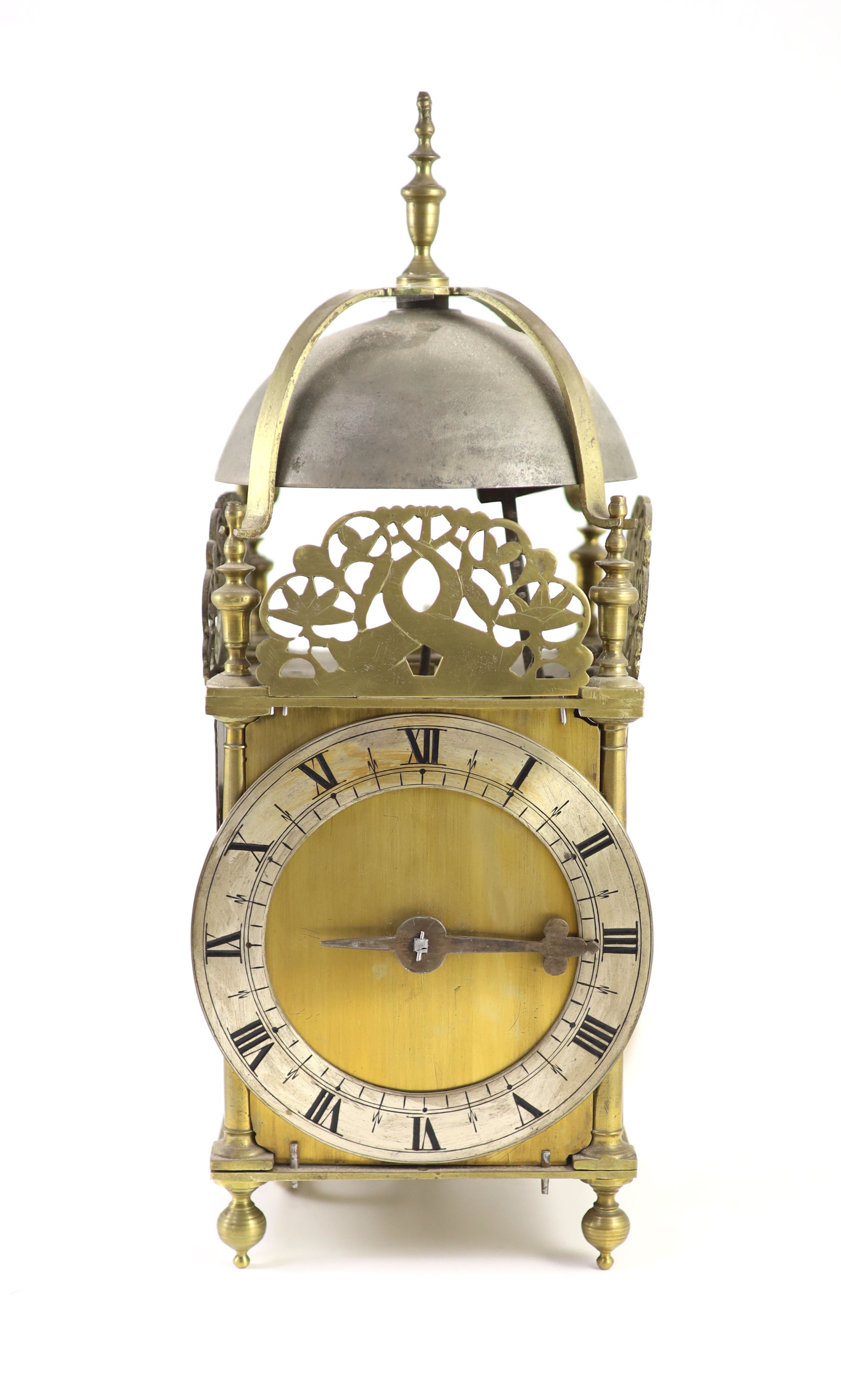 A 17th century style brass lantern clock width 15cm depth 15cm height 40cm